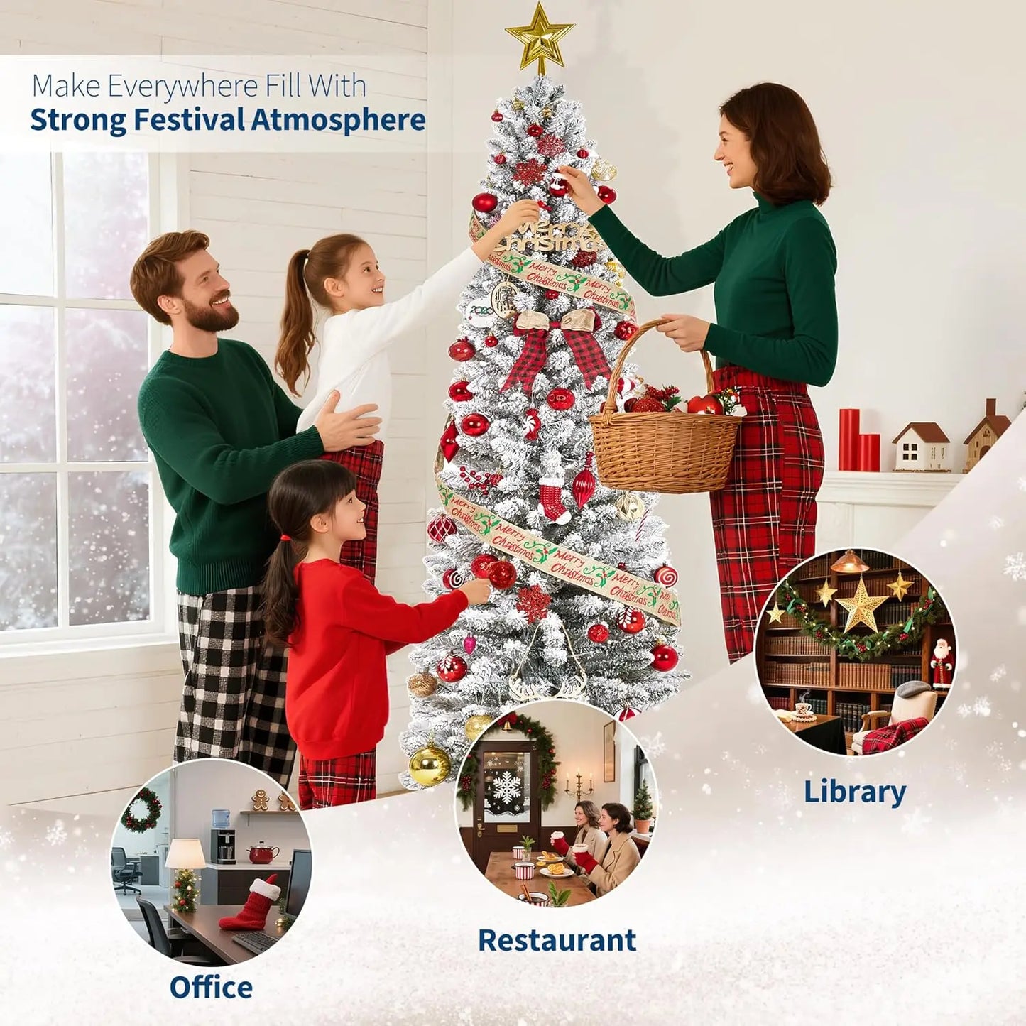 Slim 6/7.5/9FT Pre-Lit Snow Flocked Pencil Christmas Tree