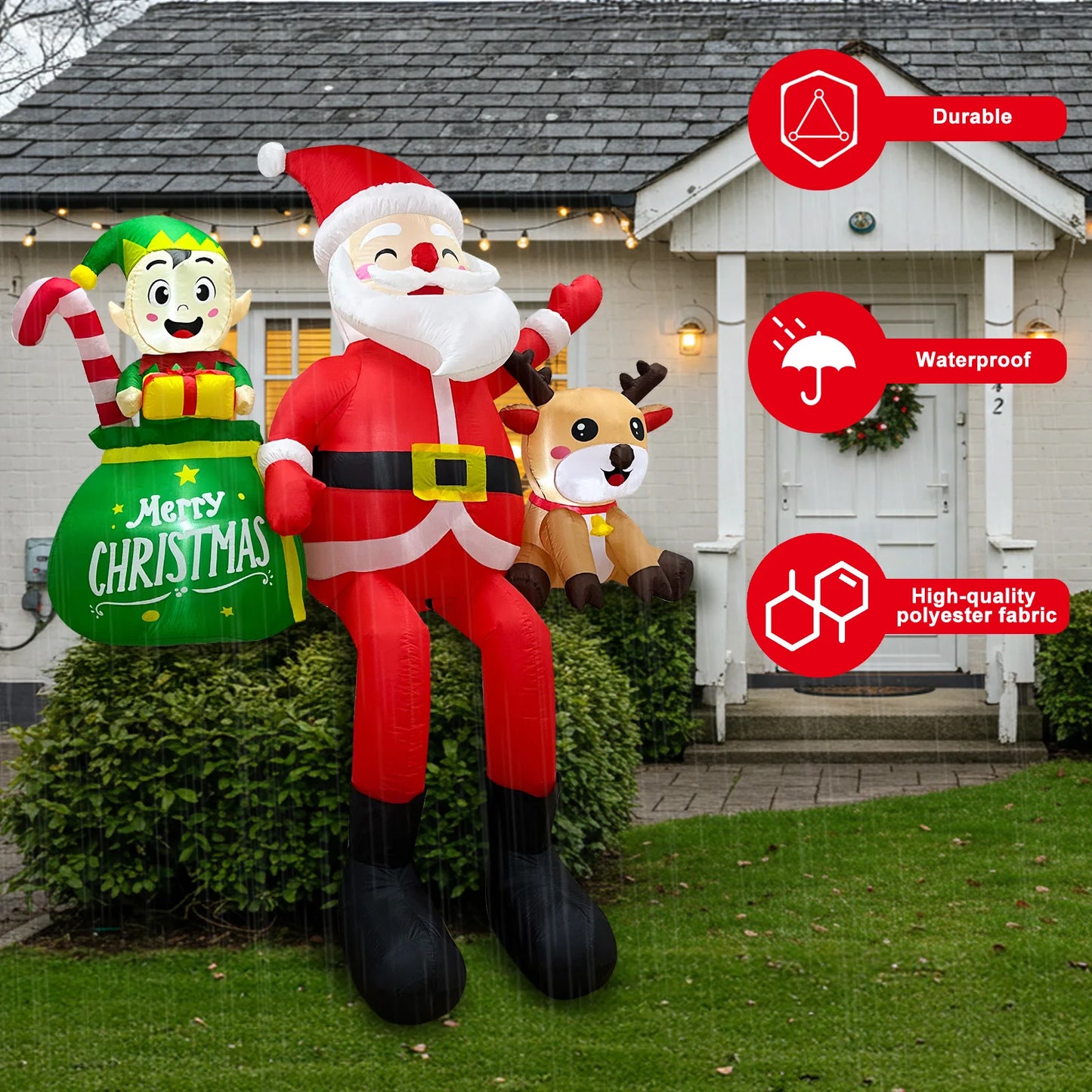 8FT Inflatable Sitting Santa with Elves & Reindeer - LED-Lit Outdoor Blow-Up