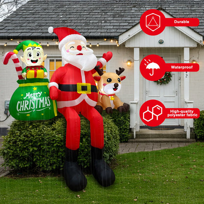 8FT Inflatable Sitting Santa with Elves & Reindeer - LED-Lit Outdoor Blow-Up
