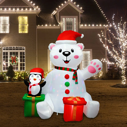 6FT Inflatable Polar Bear & Penguin with Gifts - LED-Lit Outdoor Blow-Up