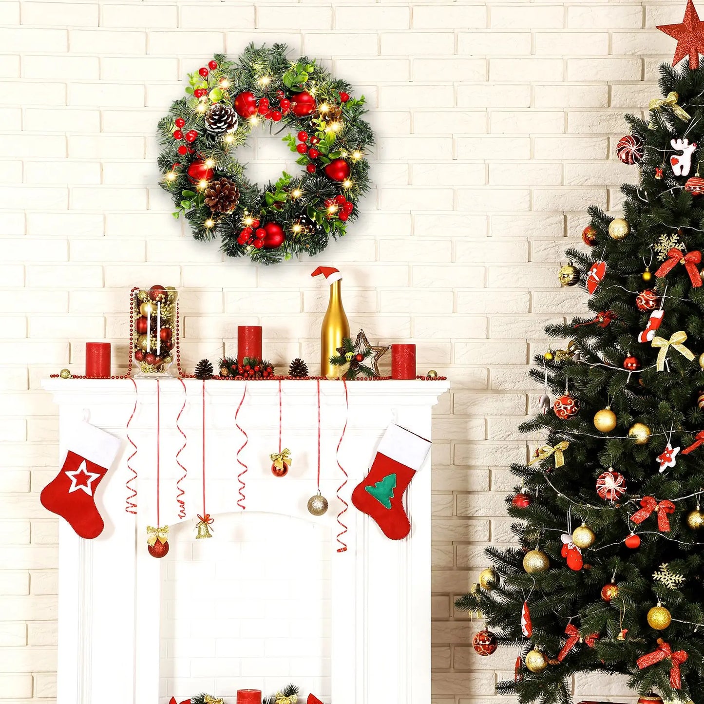 Festive LED Christmas Wreath with 20 Warm Lights & Red Berries