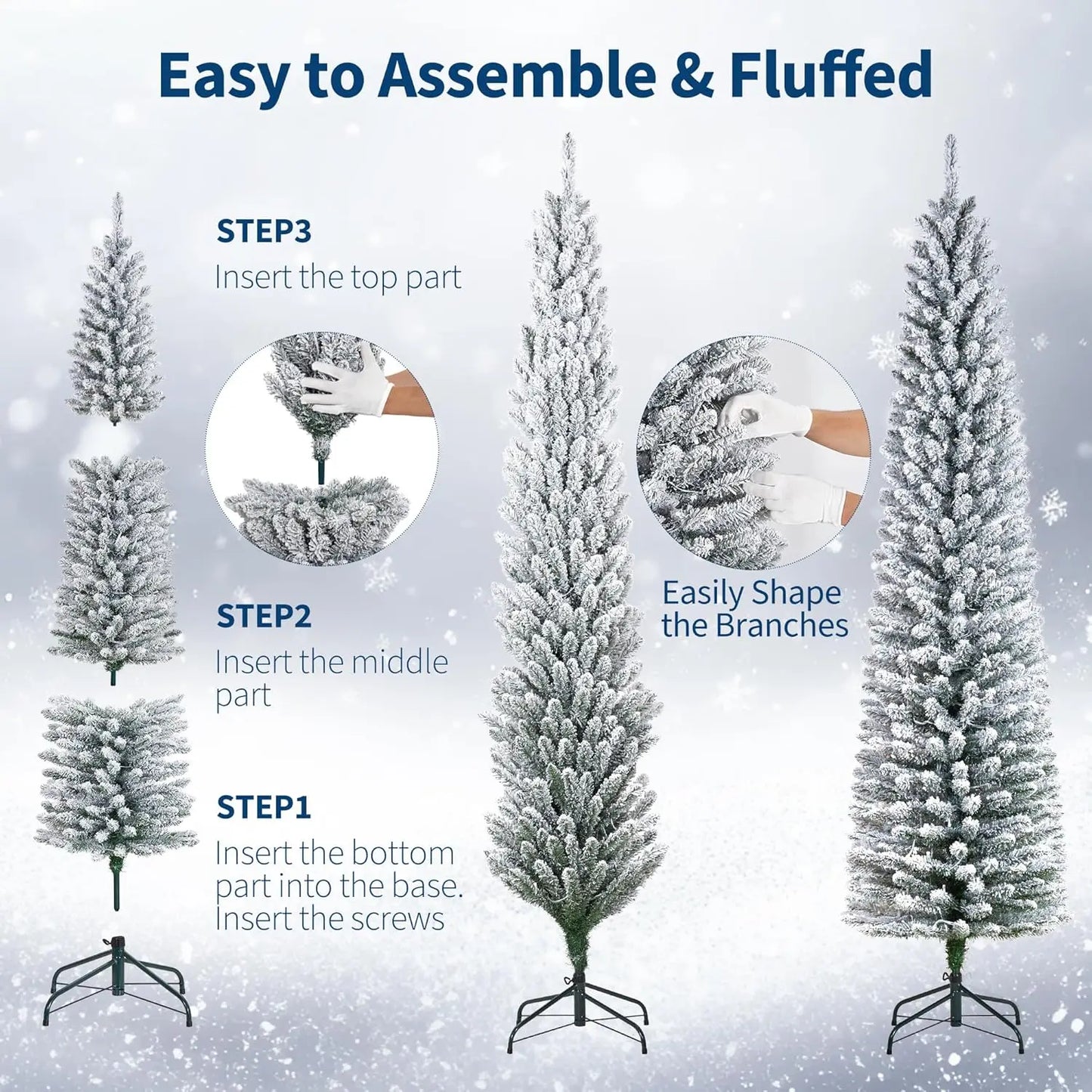Slim 6/7.5/9FT Pre-Lit Snow Flocked Pencil Christmas Tree