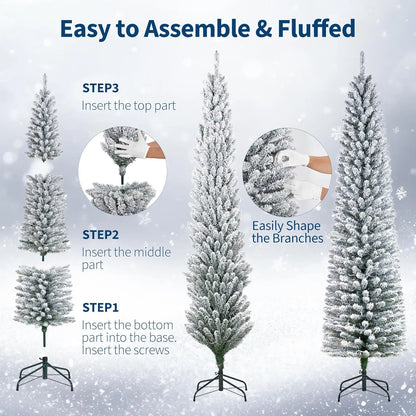 Slim 6/7.5/9FT Pre-Lit Snow Flocked Pencil Christmas Tree