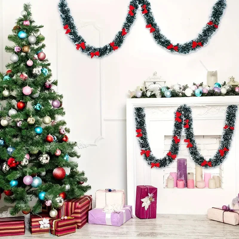 Festive Green Tinsel Bow Ribbon Garland