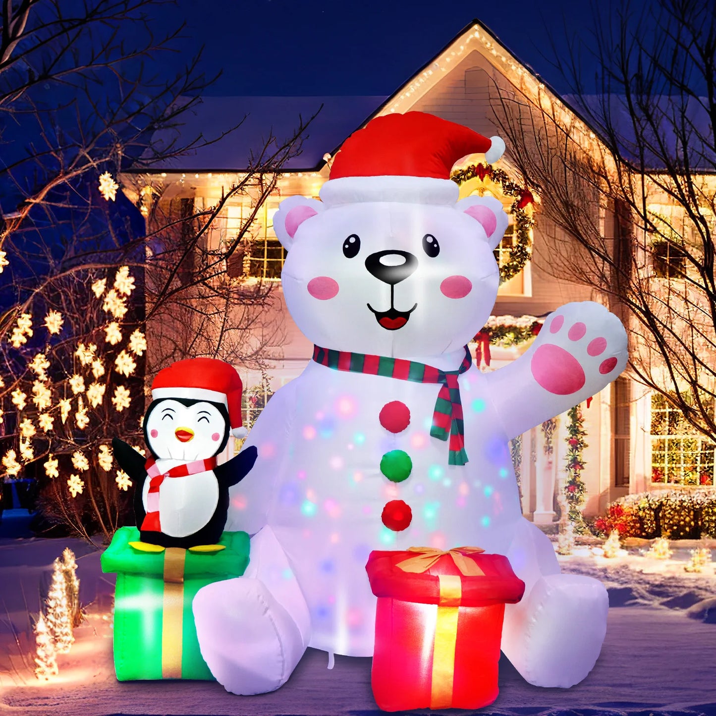 6FT Inflatable Polar Bear & Penguin with Gifts - LED-Lit Outdoor Blow-Up