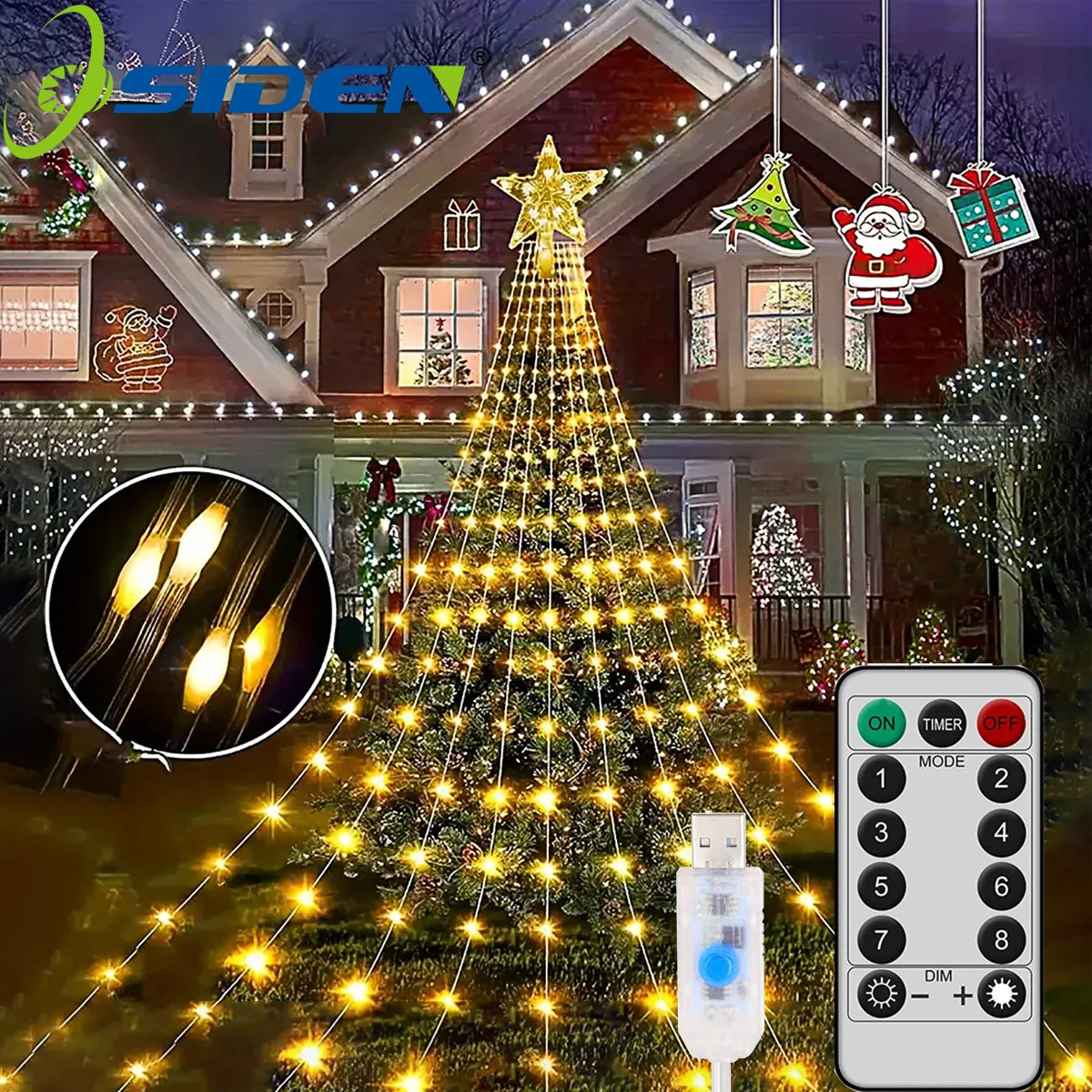 Pentagram LED Waterfall String Lights - USB-Powered Star Top Christmas Tree