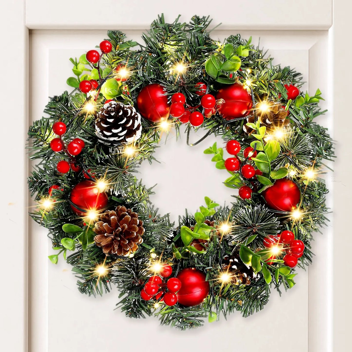 Festive LED Christmas Wreath with 20 Warm Lights & Red Berries