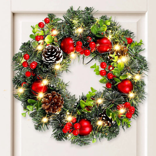 Festive LED Christmas Wreath with 20 Warm Lights & Red Berries