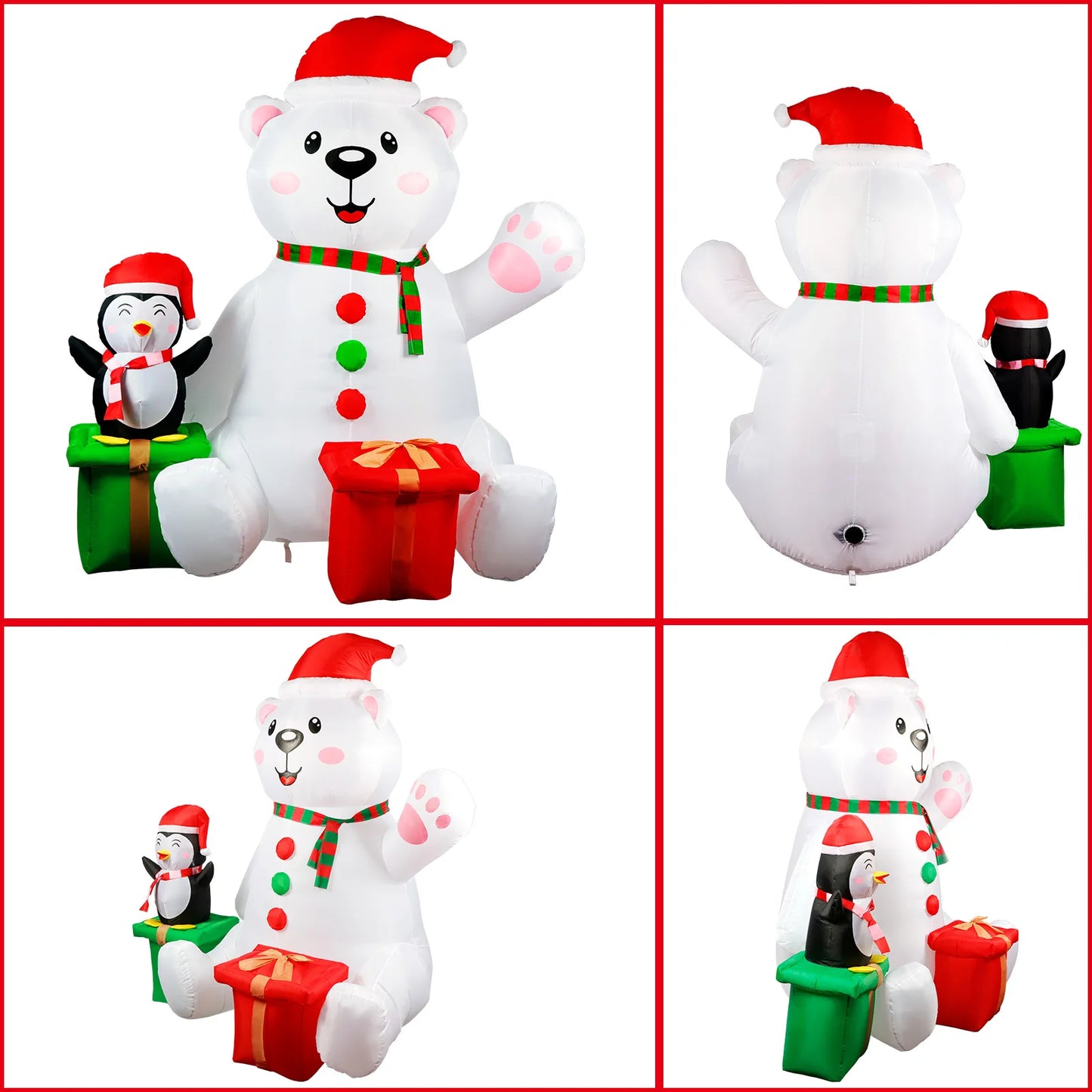 6FT Inflatable Polar Bear & Penguin with Gifts - LED-Lit Outdoor Blow-Up