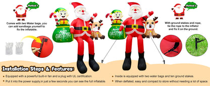 8FT Inflatable Sitting Santa with Elves & Reindeer - LED-Lit Outdoor Blow-Up