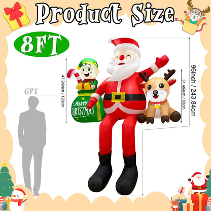 8FT Inflatable Sitting Santa with Elves & Reindeer - LED-Lit Outdoor Blow-Up